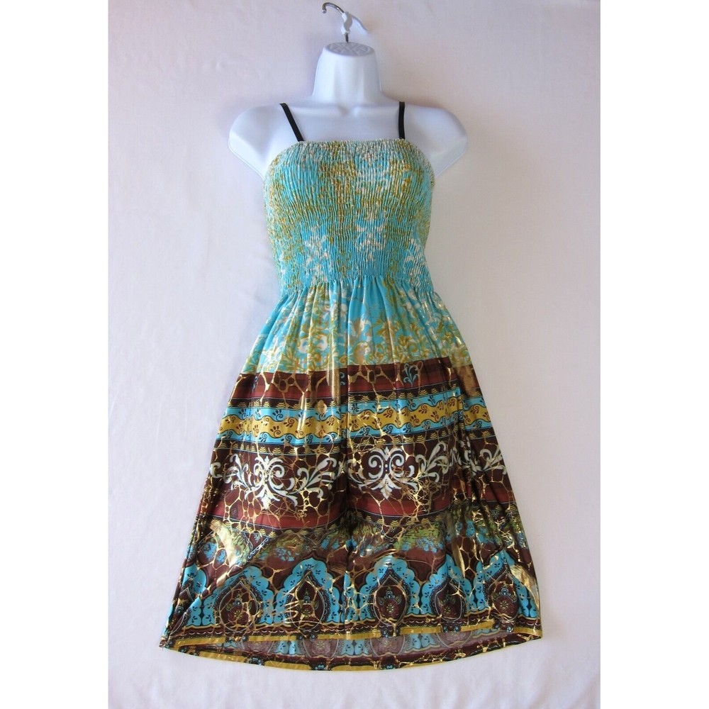 Shoreline Sundress Elastic Tube Top Adjustable Straps Turquoise w/Metallic OS